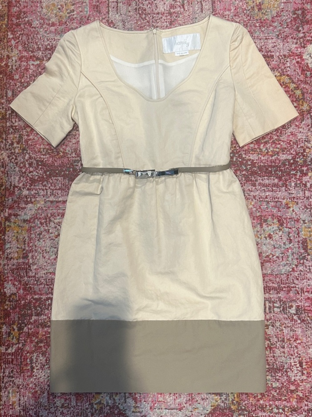 Cream Short-Sleeve Mini Dress with Taupe Hem and Belt